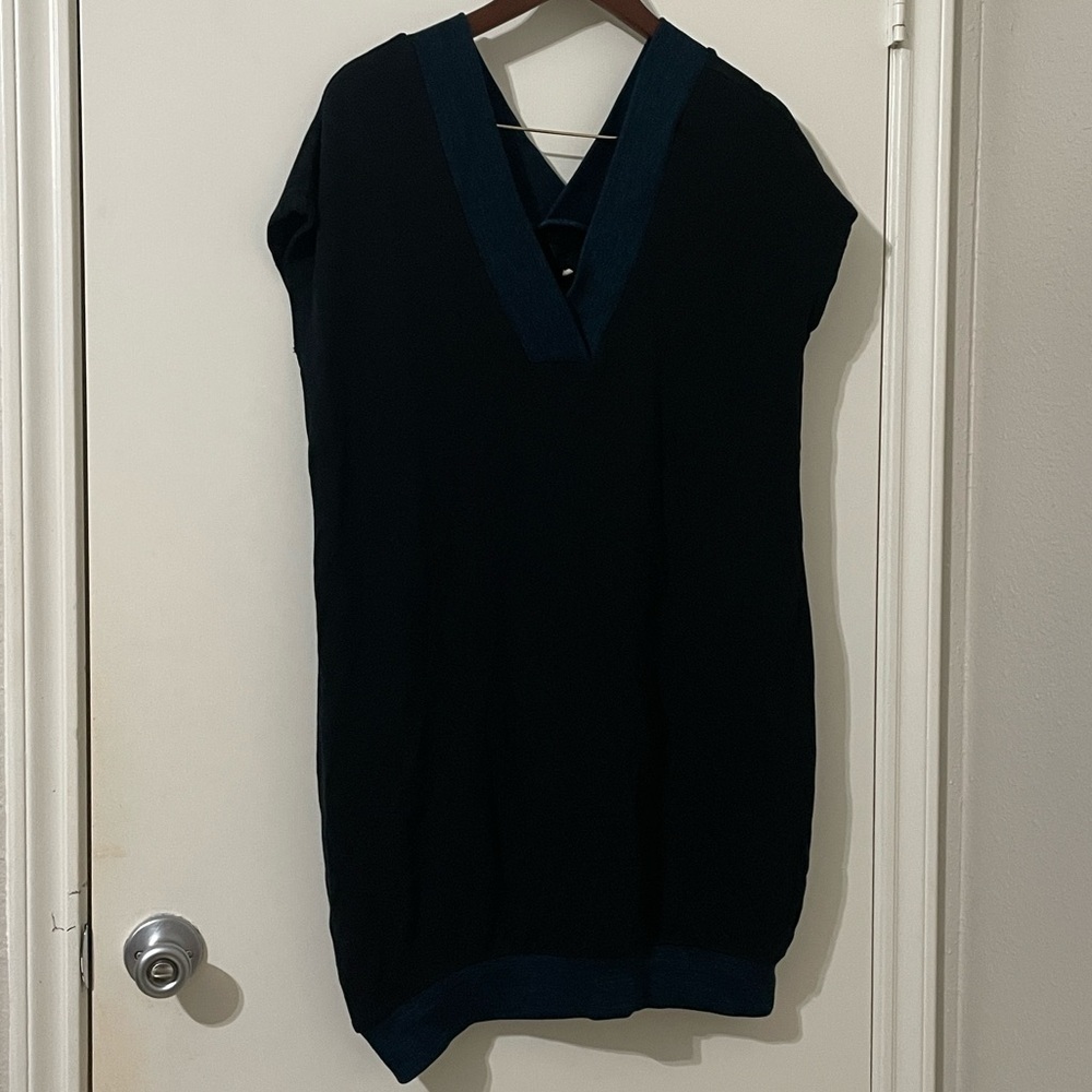 Lou & Grey Women's Black Blue Sweater Dress Tunic Deep V Neck Banded Botton M